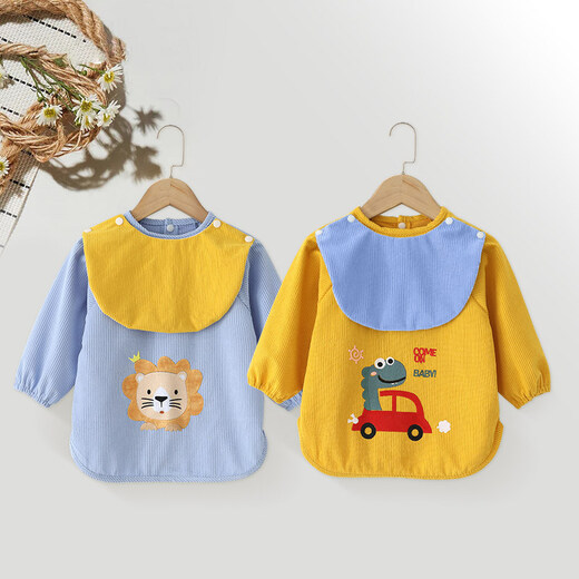 Baby smock for spring, autumn and winter, corduroy children's protective clothing, foreign-style apron, baby eating bib pocket, waterproof and waterproof, great value 2 pieces, blue lion + yellow dinosaur 90, recommended height 70-90cm