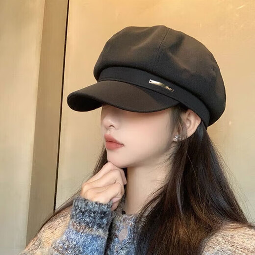 Yunpo beret women's spring and summer octagonal hat with large head circumference, new peaked cap, art painter hat, small face, fashionable and western style, octagonal beret, black, adjustable, small face, one size fits all