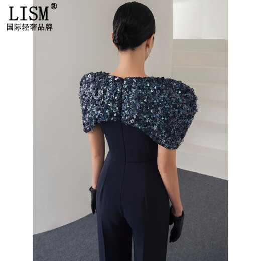 LISM Designer International Light Luxury Brand Niche Boutique Tube Top Dark Royal Blue Showing High Aura Queen Style Straight Leg Pants Dark Blue S