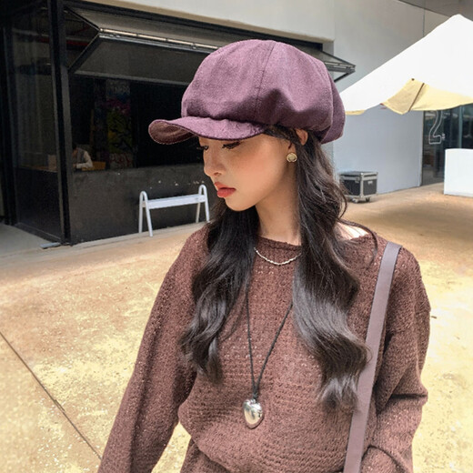 Sweet flip-brimmed cloud beret for women spring and summer thin breathable face-showing little painter hat cute purple one size (54-59cm)