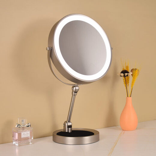 LE RUI JIA LED folding makeup mirror double-sided illuminated desktop smart makeup mirror, magnifying beauty mirror, liftable height, 8 inches, silver, flat surface + 5x magnification, three-tone lighting