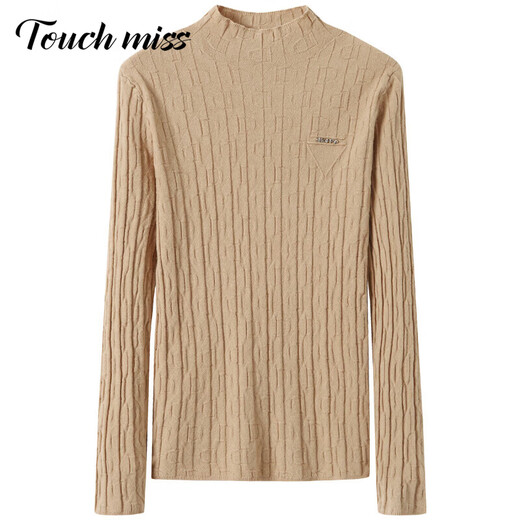 Touchmiss (touchmiss) half turtleneck knitted bottoming shirt for women, lazy style slim sweater with nice mid-collar top, khaki L