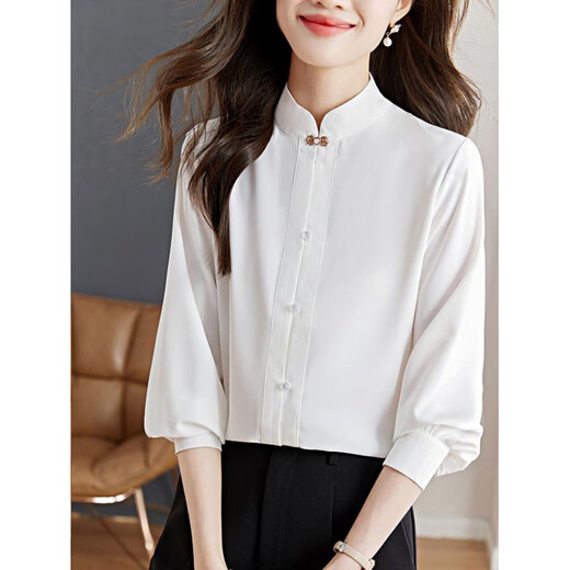 Playboy (PLAYBOY) stand collar white shirt women's spring 2026 shirt new long-sleeved temperament improved new Chinese style retro top official flagship white S recommended 80-95Jin Jin equals 0.5 kg