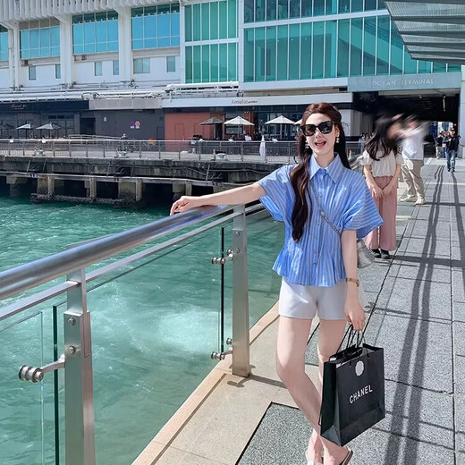 Fish Rabbit's rabbit waist slimming blue striped shirt women's design short-sleeved shirt temperament women's top blue M