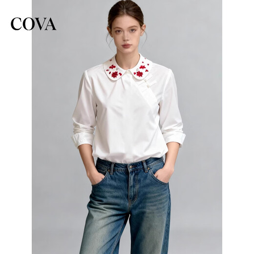 COVA international first-line brand 2026 design new Chinese style national style white long-sleeved shirt embroidery small heavy industry white shirt S
