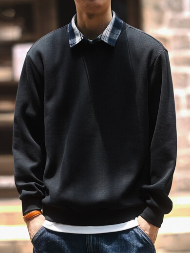 Green Deer high-end textured shirt collar fake two-piece sweatshirt for men in spring and autumn loose casual handsome long-sleeved T-shirt for men black plus velvet M suitable for 110-130Jin Jin is equal to 0.5 kg