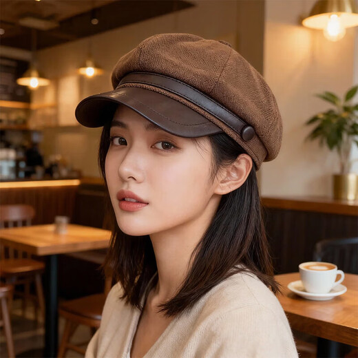 LZJV Maillard Brown Beret Women's Autumn and Winter 2026 New Retro Painter Hat Face-Showing Newsboy Octagonal Hat Brown (54-59cm)