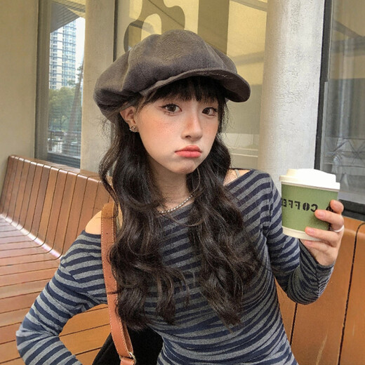 Sweet flip-brimmed cloud beret for women spring and summer thin breathable face-showing little painter hat cute purple one size (54-59cm)