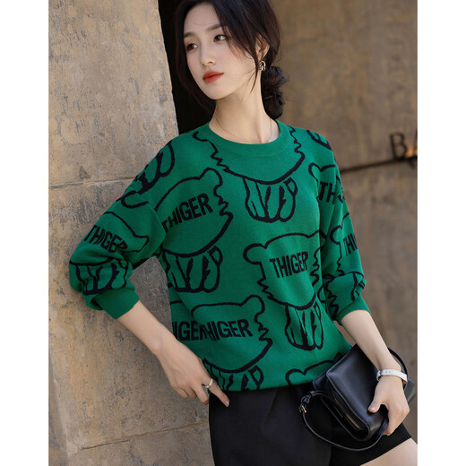 Demana wool lettered sweater, spring and autumn round neck off-shoulder long-sleeved sweater for women