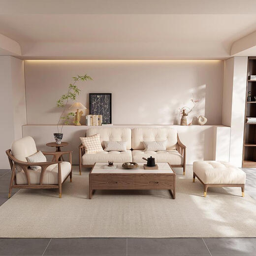 Yusenyi can customize Su Mao's new Chinese-style solid wood sofa combination, simple tenon-and-tenon soft-covered fabric small apartment sofa, cream style, three-seat + single-seat + footrest + coffee table combination.