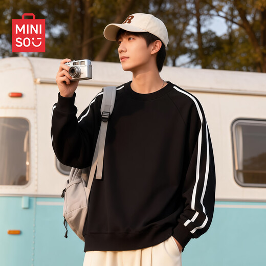 MINISO men's sweatshirt for teenagers and college students heavyweight American black round neck pullover men's handsome long-sleeved jacket trendy black 2XL /185 (weight 160-180Jin Jin is equal to 0.5 kg)