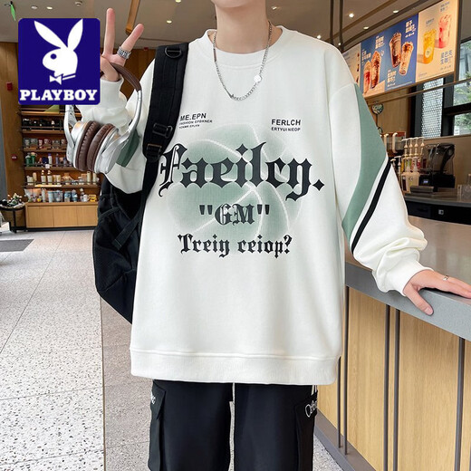 Playboy (PLAYBOY) men's round neck sweatshirt 2026 spring new Hong Kong style fashion trend loose and versatile youth student bottoming shirt black 2XL
