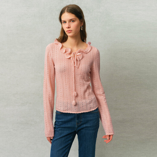 Fabrique Soft Mist Pink Sheep Wool Wave Boat Neck Tie Hollow French Knit Top 2026 Spring New Product Soft Mist Pink XS