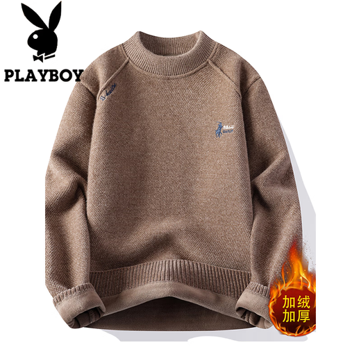 Playboy (PLAYBOY) sweater for men, one-piece warm velvet, thickened velvet, round neck embroidery, men's winter top, men's inner wear knitted bottoming shirt, coffee color 2XL /180 recommended 145-160Jin Jin equals 0.5 kg