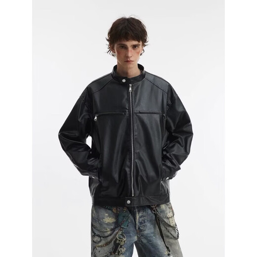 American retro leather jacket for men in spring and autumn, new trendy style, loose high street lapel jacket, black regular L