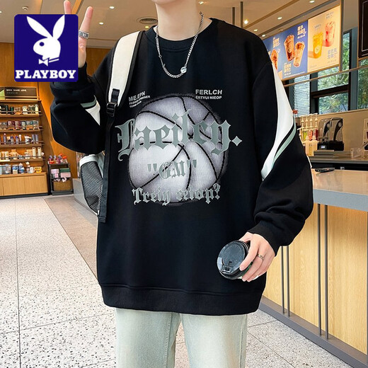 Playboy (PLAYBOY) men's round neck sweatshirt 2026 spring new Hong Kong style fashion trend loose and versatile youth student bottoming shirt black 2XL