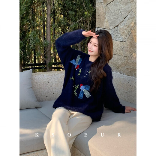 KSOEUR K Sister Good Luck Koi Heavy Industry Exquisite 50% High Ratio Angora Goat Wool Sweater Quiet Blue S 85-105Jin Jin is equal to 0.5 kg