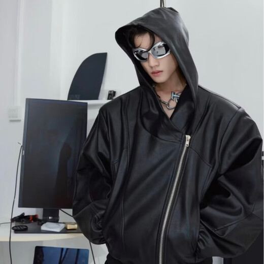 Leather jacket men's winter thickened American retro fashion brand casual short jacket handsome motorcycle loose top black regular L