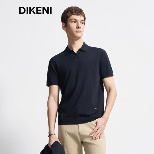 DIKENI 2026 spring and summer new men's quality triacetate cool breathable seagull collar short-sleeved knitted polo shirt black and blue L (50)