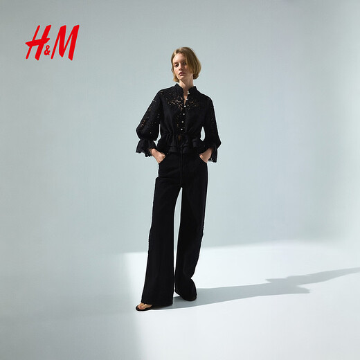 H&M2026 Spring New Women's Linen Blended English Embroidered Shirt 1330878 Black XS 155/80