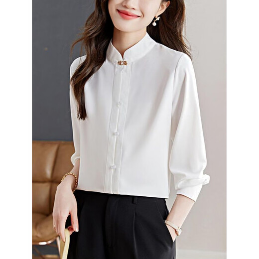 Playboy (PLAYBOY) stand collar white shirt women's spring 2026 shirt new long-sleeved temperament improved new Chinese style retro top official flagship white S recommended 80-95Jin Jin equals 0.5 kg