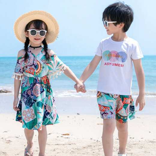 Beach parent-child wear, different mother-daughter dress, suspender short-sleeved suit, summer style for a family of three or four, men's suit/women's dress 160, girl's skirt size 160 (recommended weight 78 Jin Jin equals about 0.5 kg)