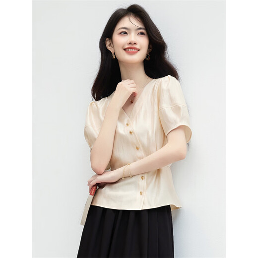 Xinfeiyu 26 summer new commuter V short-sleeved top matte gold button design light mature style versatile shirt with workplace temperament