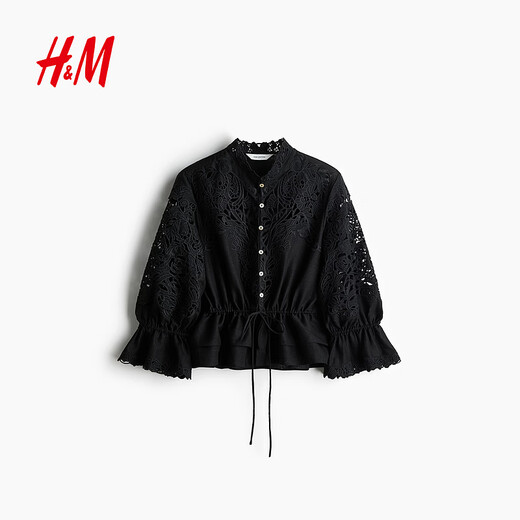 H&M2026 Spring New Women's Linen Blended English Embroidered Shirt 1330878 Black XS 155/80