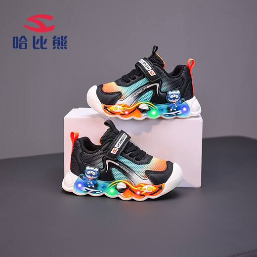 HOBIBEAR boys' light shoes spring new trendy comfortable flash shoes children's casual shoes girls' shoes Black Orange 23