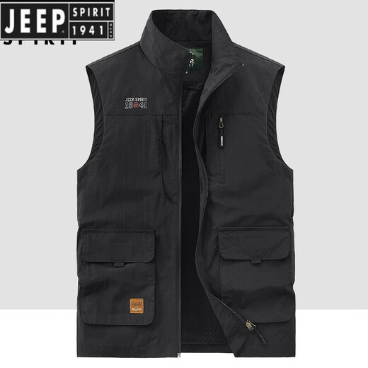 JEEP SPIRIT吉普户外工装钓鱼马甲男春秋季新款多口袋摄影休闲宽松百搭外套 军绿色(677春秋款) 3XL 建议165-180斤
