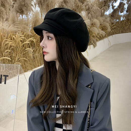 Beret Women's Autumn and Winter Black Japanese Octagonal Versatile British Retro Painter Hat Big Head Circumference Showing Face Small Cloud Hat Black (One Hat for Multiple Wear) One Size