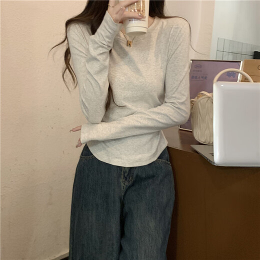 Koranna Pure Cotton Spring Autumn and Winter Slim Waist T-shirt Women's Long Sleeve Slim Short Round Neck Bottoming Top for Small People Floral Gray Long Sleeve L Recommended 106-120 Jin Jin equals 0.5 kg