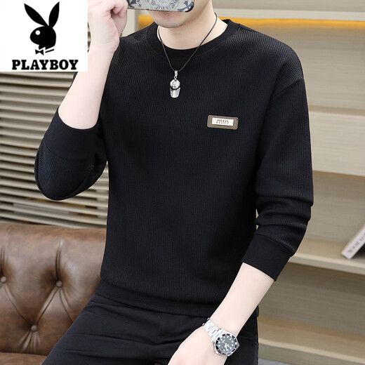 Playboy (PLAYBOY) 2026 Spring Simple Jacquard Long Sleeve Men's Sweater Loose Casual Round Neck Versatile Sweater Army Green XL 130-140