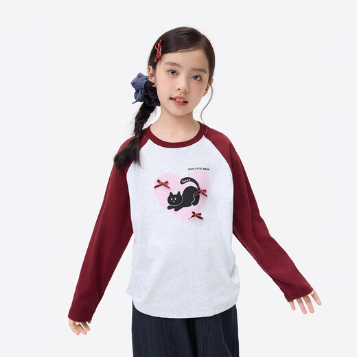 Xiaoyinman children's clothing girls long-sleeved T-shirt kitten print 26 spring mid-teens and girls contrast color round neck top light gray 140