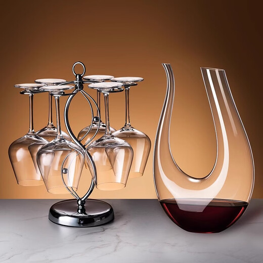 Red wine glass set, glass goblet, home big belly cup, light luxury wineware, decanter, wine glass, Chixia style 450ml red wine glass, 6 pieces + wine rack + elegant 1.5L handle