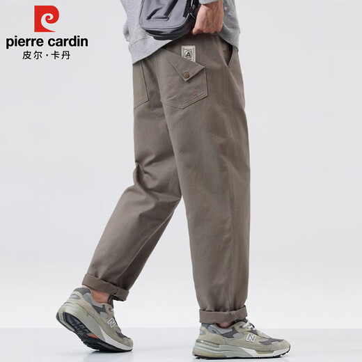 Pierre Cardin casual pants men's spring fashion brand loose American overalls men's pure cotton wide-leg long pants camel gray M