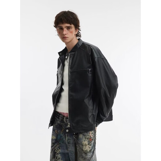 American retro leather jacket for men in spring and autumn, new trendy style, loose high street lapel jacket, black regular L