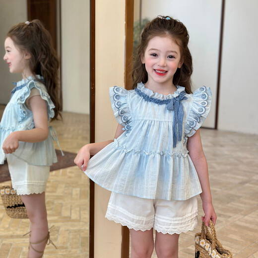 Gardenia's Growth Notes Children's Clothing Girls' Sweet and Gentle Lace Shirt 2026 Spring Children's Embroidered Ruffle Top Blue Shirt 140 cm