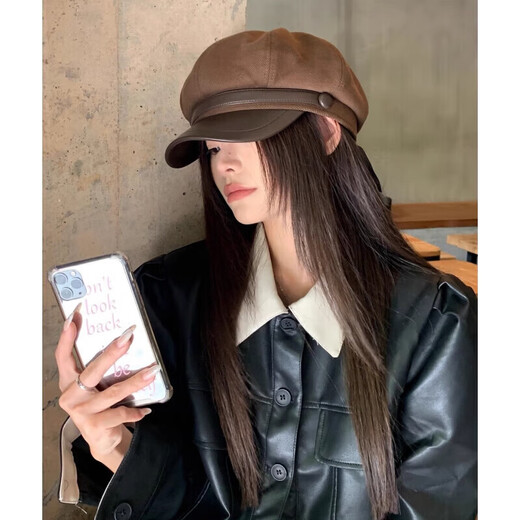 DUTRIEUX beret women's hat winter women's octagonal hat autumn and winter style small versatile painter's hat duck hat women's leather buckle beret coffee color