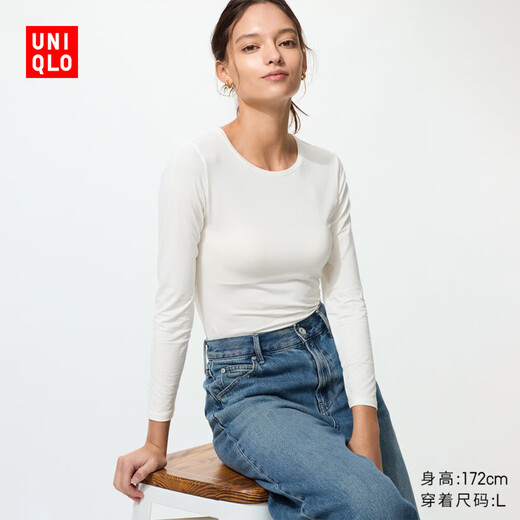 Uniqlo Women's HEATTECH Round Neck T-Shirt/Long Sleeve Warm Jacket 478938 485813 478938/00 White M
