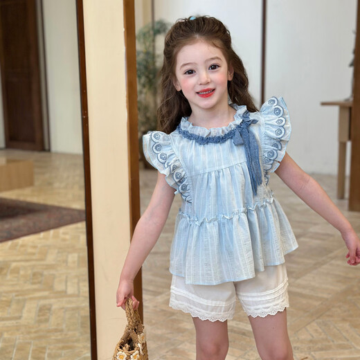Gardenia's Growth Notes Children's Clothing Girls' Sweet and Gentle Lace Shirt 2026 Spring Children's Embroidered Ruffle Top Blue Shirt 140 cm
