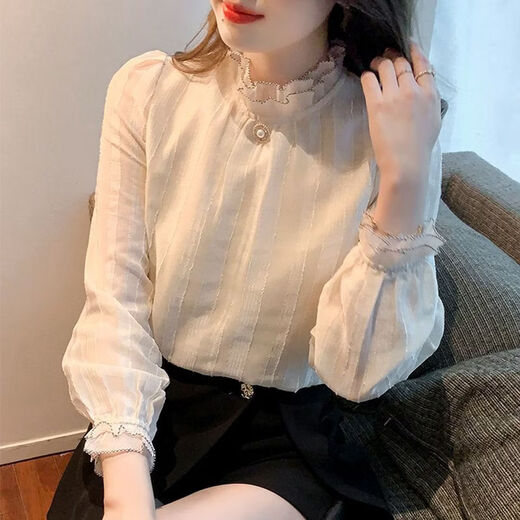 Playboy (PLAYBOY) lace chiffon shirt for women spring new fashion style fungus edge stand-up collar long-sleeved T-shirt temperament versatile outer top thin official flagship apricot color XL recommended 120-135 Jin Jin equals 0.5 kg