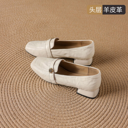 ZHR is the first-layer sheep leather loafers for women with thick heels, square toe work shoes, single shoes, EH317, beige 37