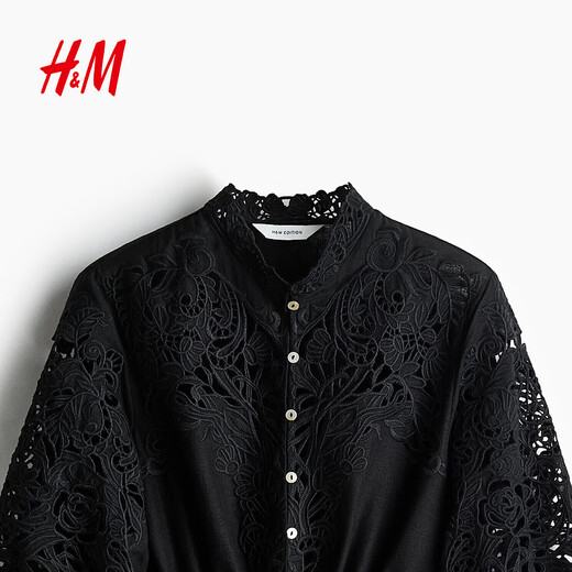 H&M2026 Spring New Women's Linen Blended English Embroidered Shirt 1330878 Black XS 155/80