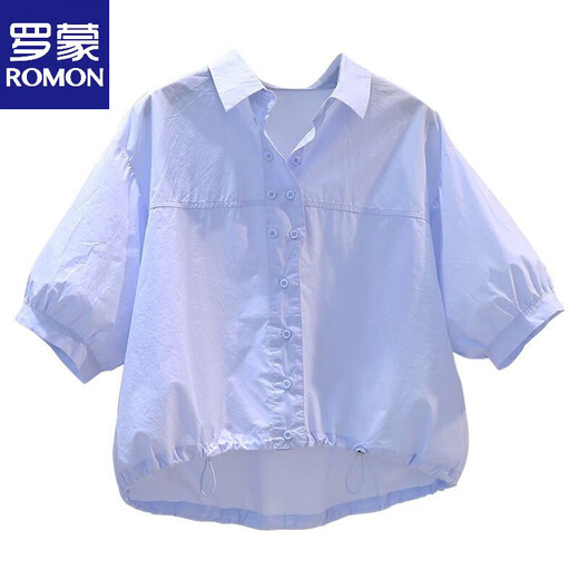 ROMON cotton shirt women's short petite 2026 summer thin hem drawstring design loose lantern sleeve shirt light blue S 80-100Jin Jin equals 0.5 kg