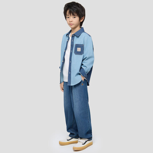Gap Gap boys and girls 2026 spring new logo embroidered chest bag splicing denim shirt children's wear 861378 blue 120 cm (6-7 years old) Asian size