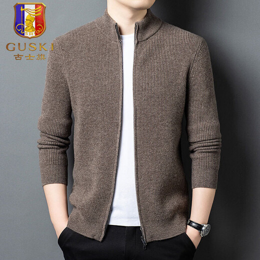 GUSKI light luxury brand high-end men's pure wool sweater men's casual knitted cardigan business warm sweater solid color bottoming shirt dark camel gray exquisite gift box M (105)