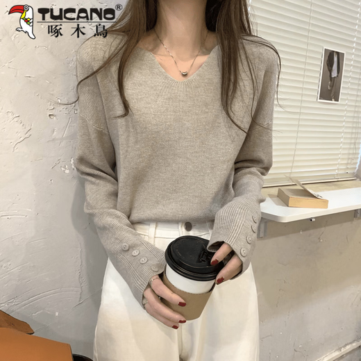 Woodpecker (TUCANO) V-neck sweater for women autumn new 2026 Korean style loose pullover sweater lazy top versatile long-sleeved bottoming shirt Khaki M Recommendation 95-105Jin Jin is equal to 0.5 kg