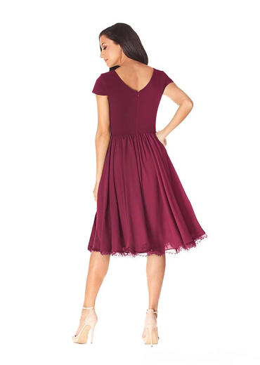Dress the Population Women's Corey Low Cut Mixed Media Cap Sleeve A-Line Midi Dress, Dark Magenta Medium