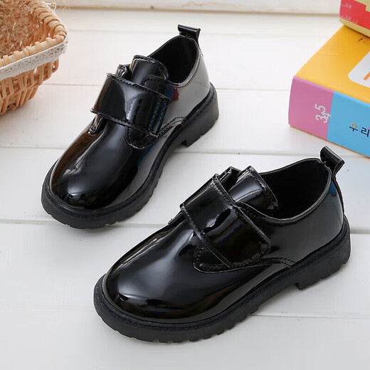 Zhunwu boys' leather shoes black children's campus small leather shoes soft sole performance shoes new performance little boy British student black Velcro style 36 size inner length 22cm